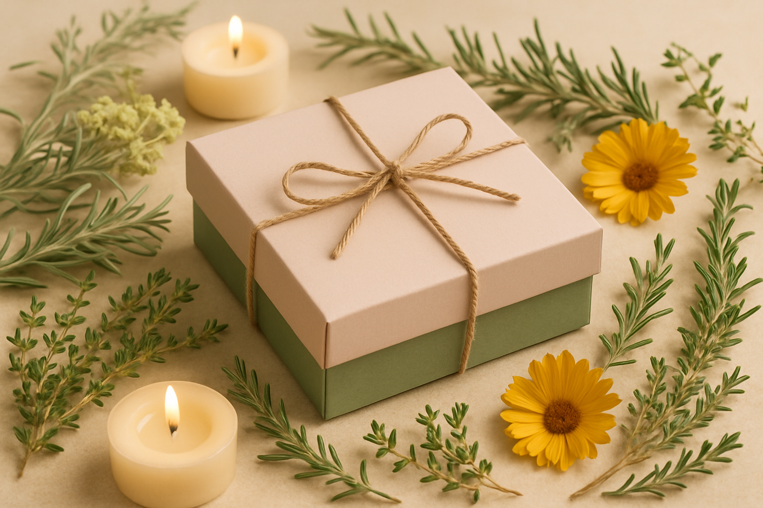 Coffret cadeau en carton rose pale et vert, noué avec ficelle naturelle, entouré de bougies et plantes méditerranéennes (hélychrise, calendula, thym et romarin), lumière naturelle douce, tons verts doux et beige clair, style élégant, artisanal et premium accessible, image chaleureuse et festive.
