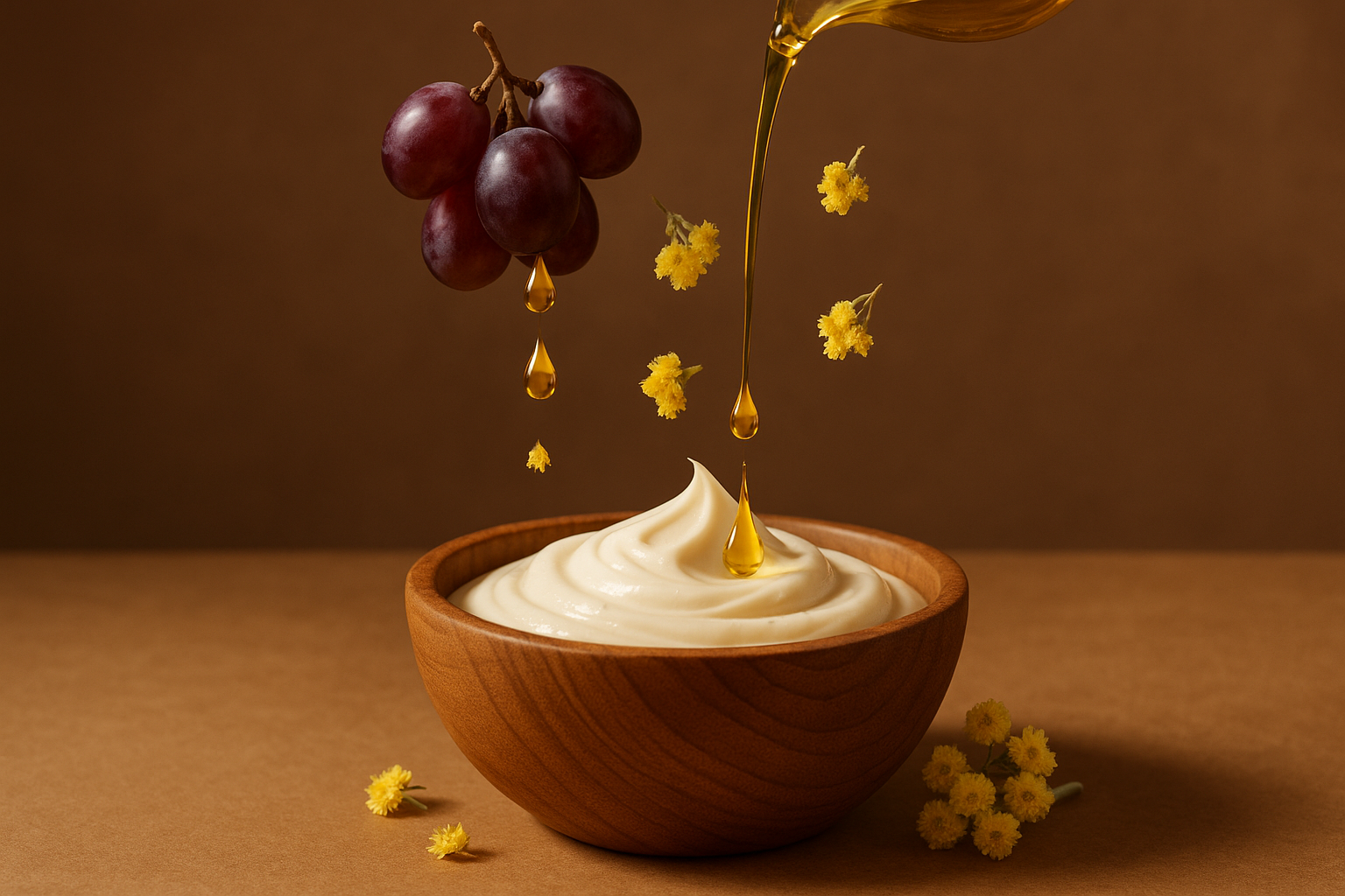 un bol en bois avec une creme à l'intérieur de l'huile de pépin de raisin qui est versé dedans on voit les raisins en haut qui se transforment en huile, et des fleurs d'immortelles aussi qui tombent dans le bol