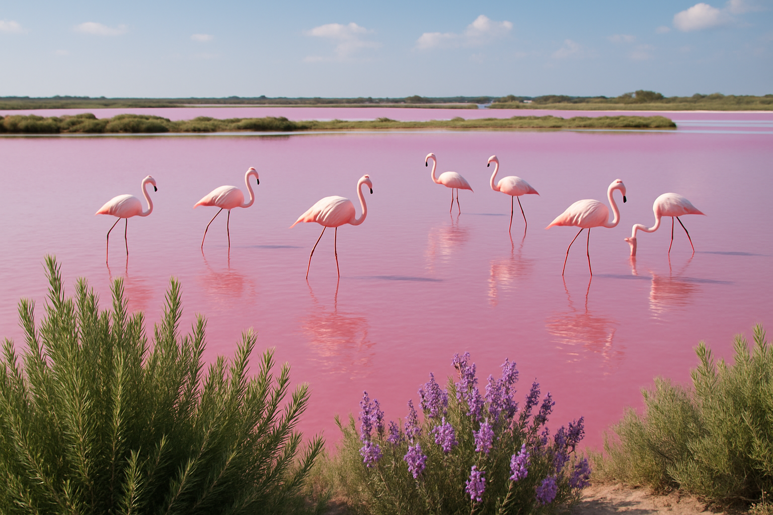une image de la Camargue, avec des lacs de sel de Camargue rosés, des flamants roses et du romarin