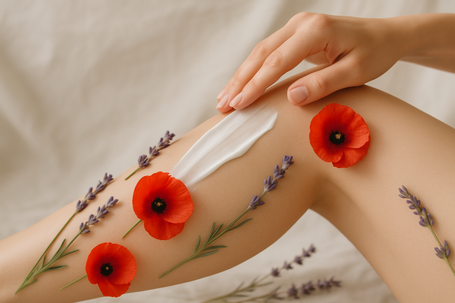 une jambe de femme sur laquelle elle met du lait pour le corps sur sa jambe et j'aimerais y voir des fleurs de lavandes sur la jambe et de coquelicot