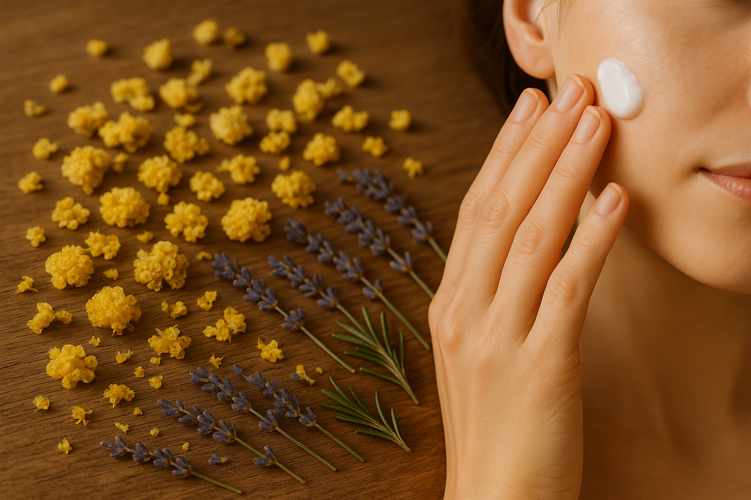une main féminine s'applique de la crème visage sur la joue délicatement, sur une table posée, quelques pétales séchés d’immortelle sont dispersés, accompagnés de fleurs de lavande et romarin pour adoucir les couleurs. La lumière chaude et naturelle met en valeur le jaune lumineux des fleurs et la texture veloutée de leurs pétales, évoquant un soin du visage à la fois précieux, naturel et apaisant.